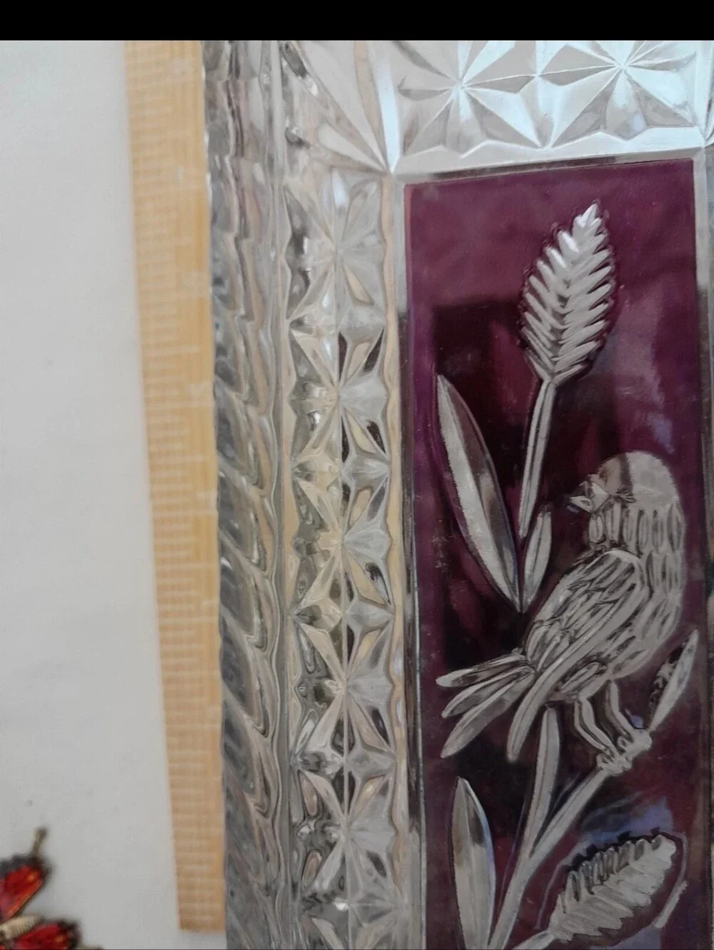 Vintage Clear Cut Glass Vase with Plum Accent and Bird Motif